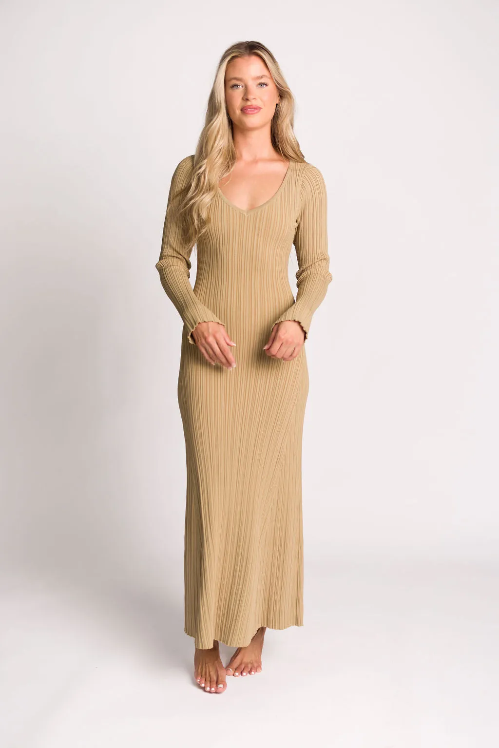 Keaton Knit Maxi Dress with V-Neckline in Beige