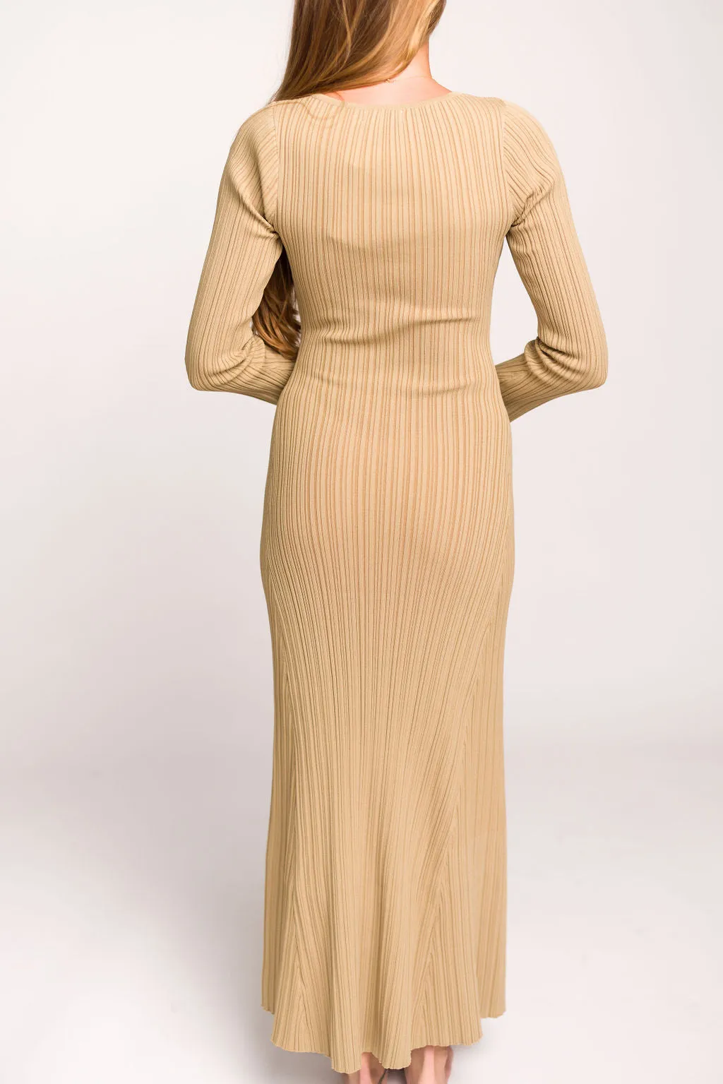 Keaton Knit Maxi Dress with V-Neckline in Beige