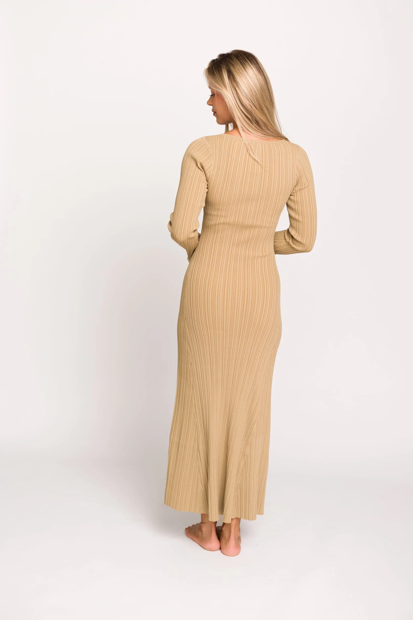 Keaton Knit Maxi Dress with V-Neckline in Beige