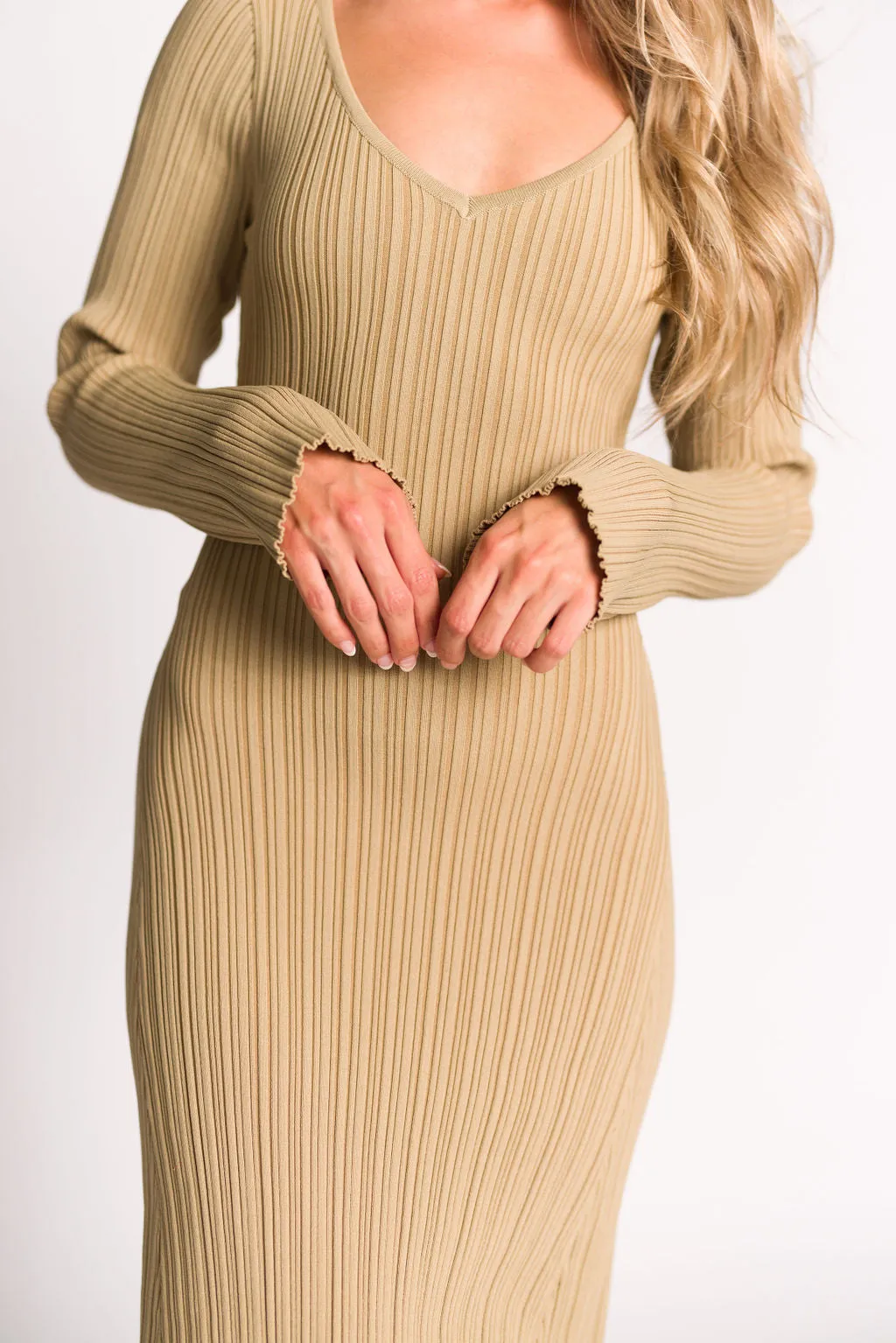 Keaton Knit Maxi Dress with V-Neckline in Beige