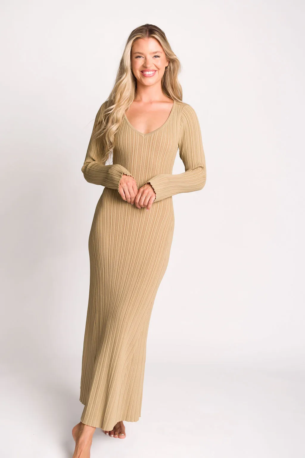 Keaton Knit Maxi Dress with V-Neckline in Beige