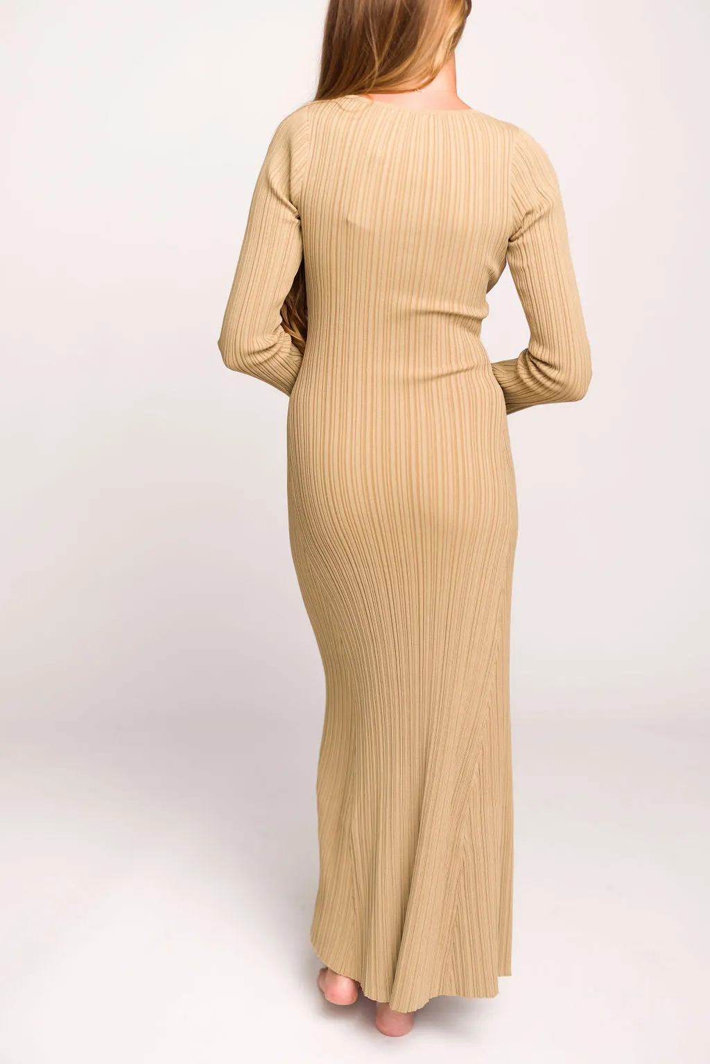 Keaton Knit Maxi Dress with V-Neckline in Beige