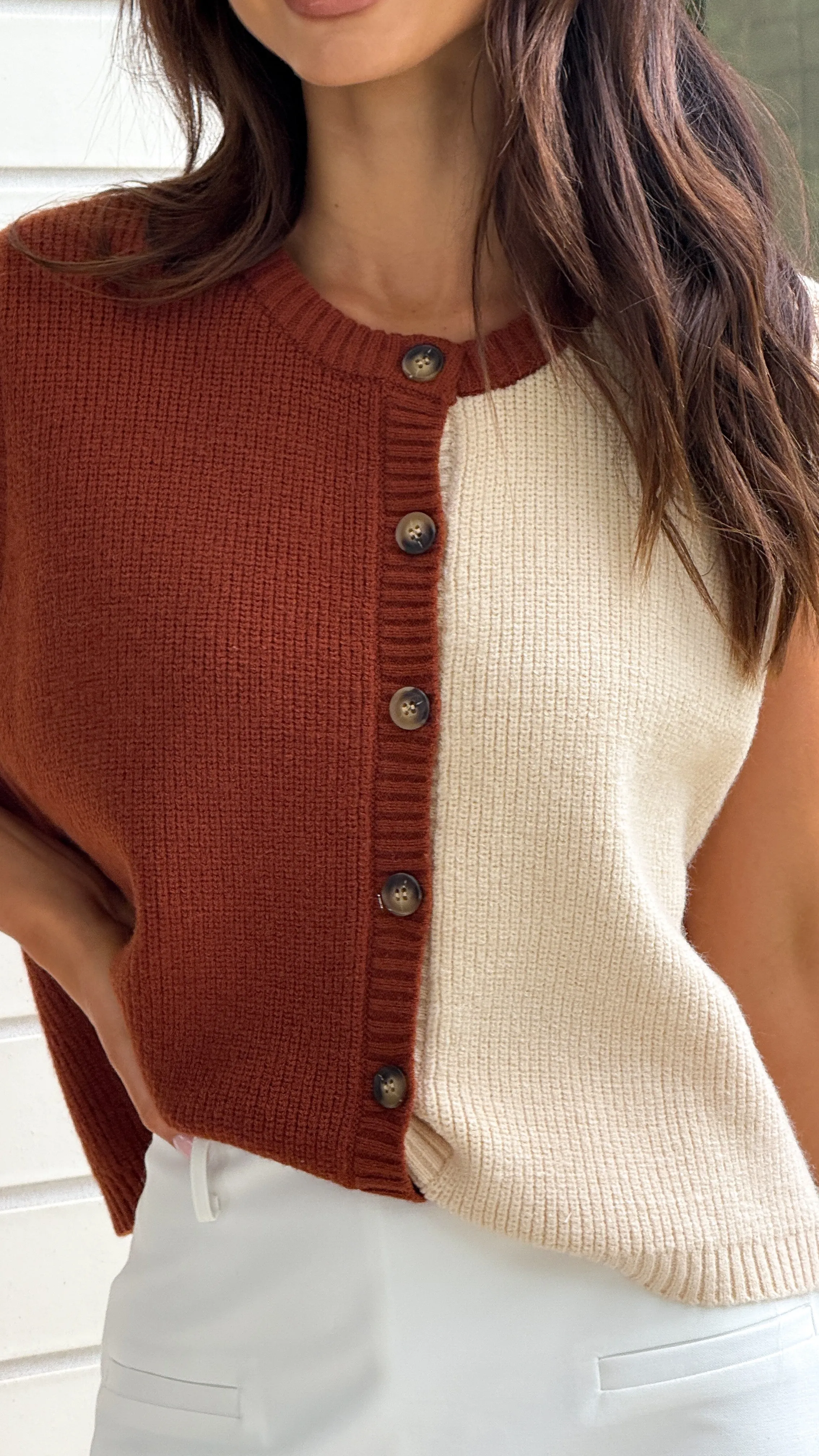 Keisha Knit Button Up Vest - Brown/Cream