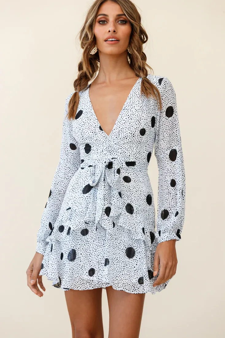 Kerry Layered Balloon Sleeve Dress Black Spot Print White