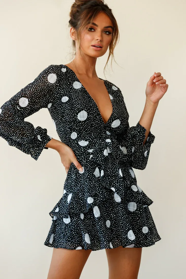 Kerry Layered Balloon Sleeve Dress Spot Print Black