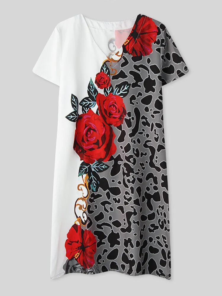 Leopard Floral Print V-neck Casual Short Sleeve Women Midi Dress