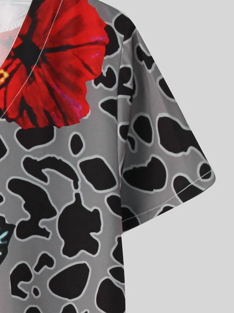 Leopard Floral Print V-neck Casual Short Sleeve Women Midi Dress