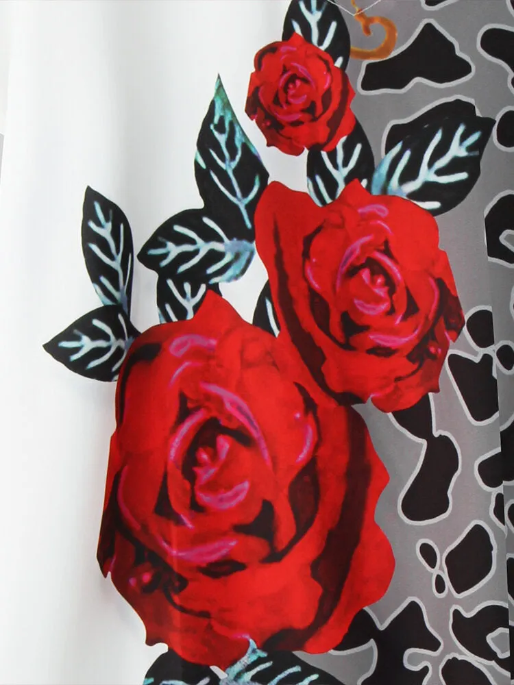 Leopard Floral Print V-neck Casual Short Sleeve Women Midi Dress