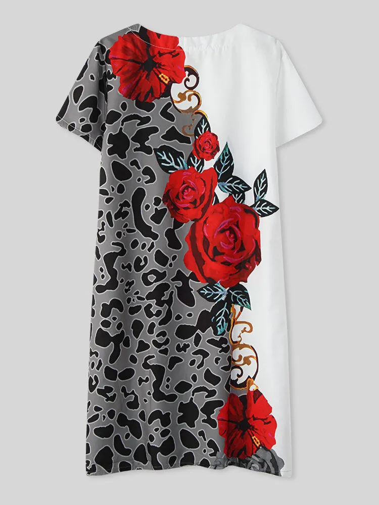 Leopard Floral Print V-neck Casual Short Sleeve Women Midi Dress