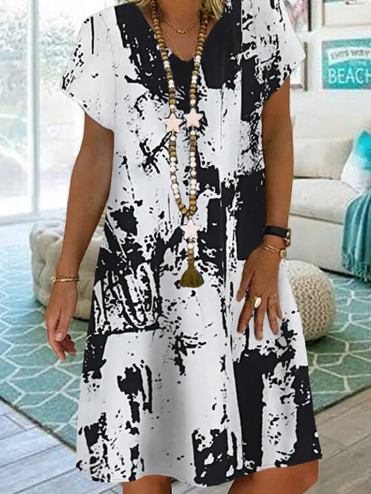Leopard Floral Print V-neck Casual Short Sleeve Women Midi Dress