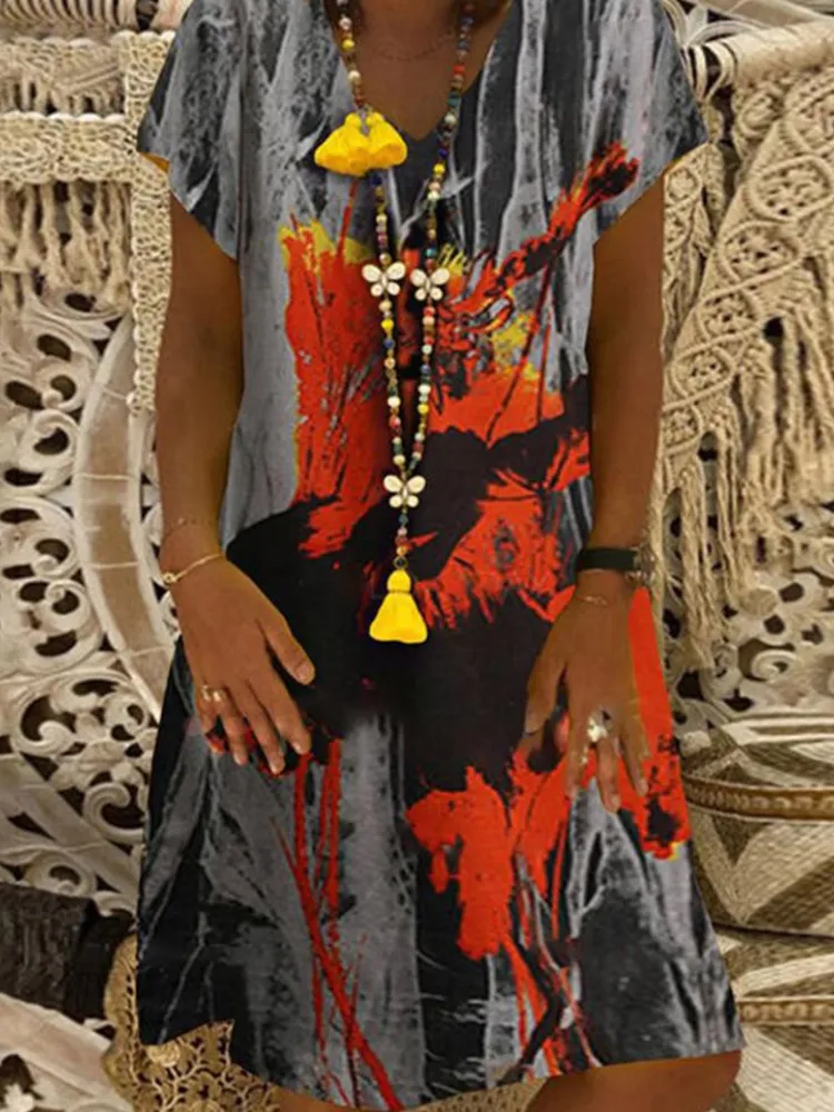 Leopard Floral Print V-neck Casual Short Sleeve Women Midi Dress