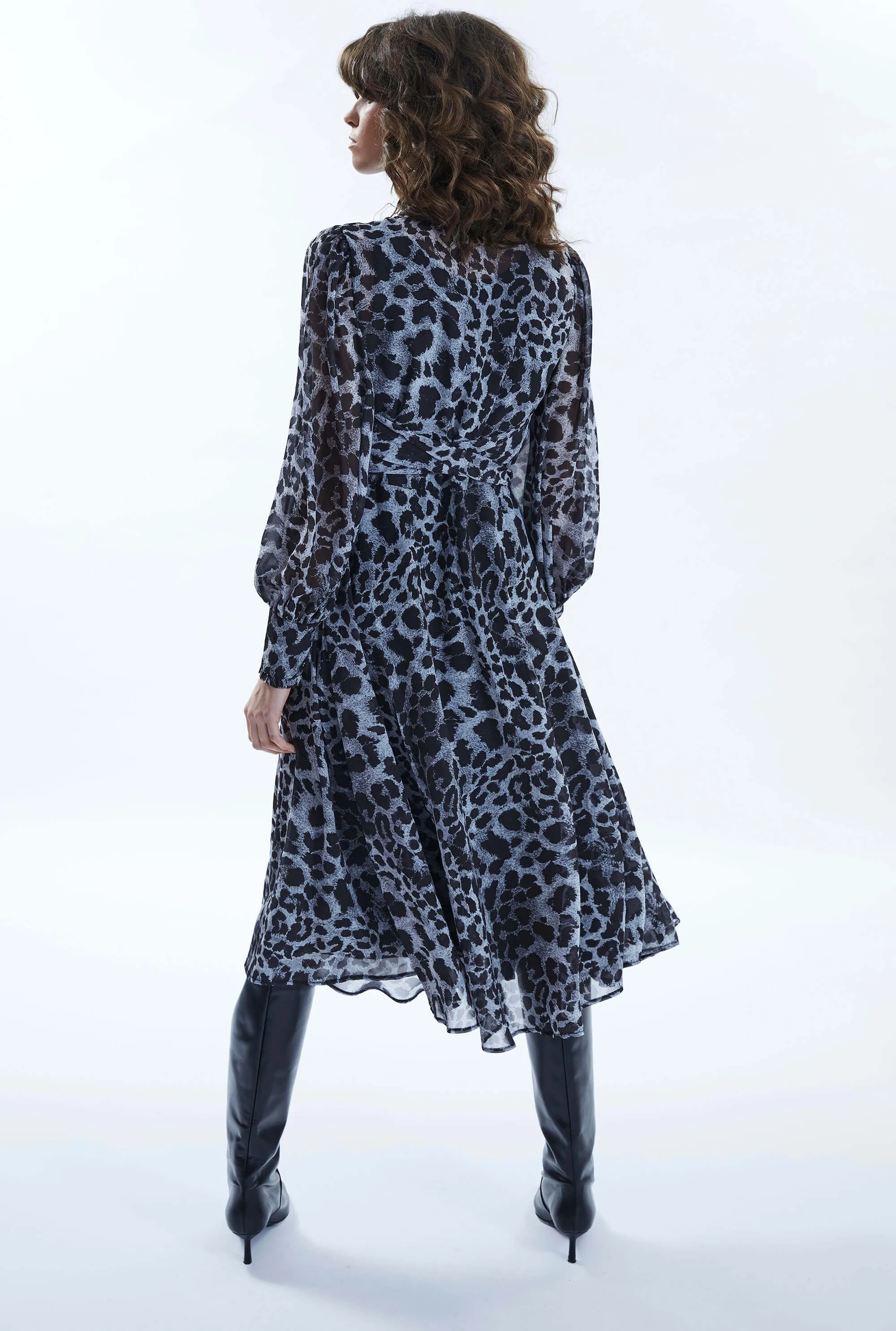 Leopard Print Midi Ruffle Dress Black