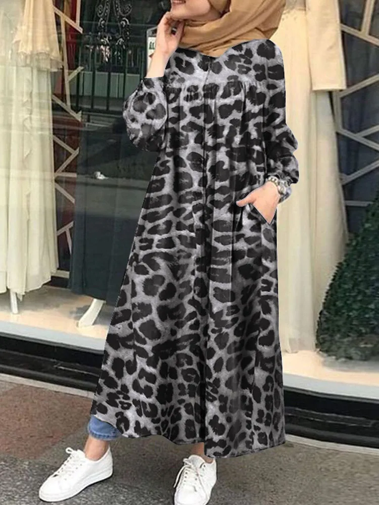 Leopard Printed Button Down Front Kaftan Tunic Pockets Women Maxi Dress