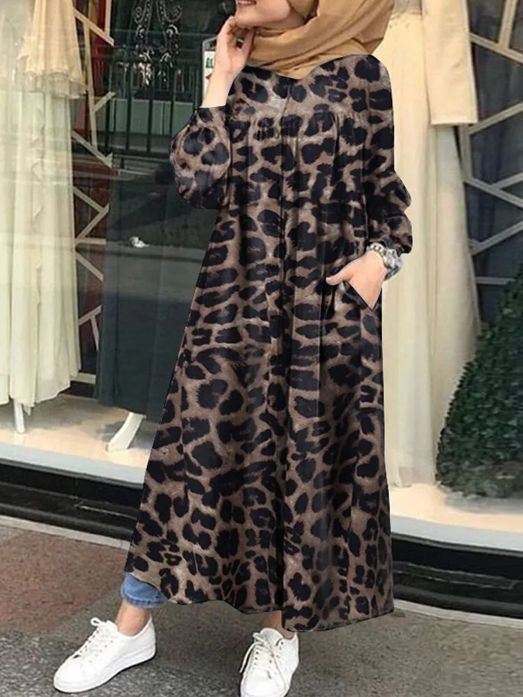 Leopard Printed Button Down Front Kaftan Tunic Pockets Women Maxi Dress