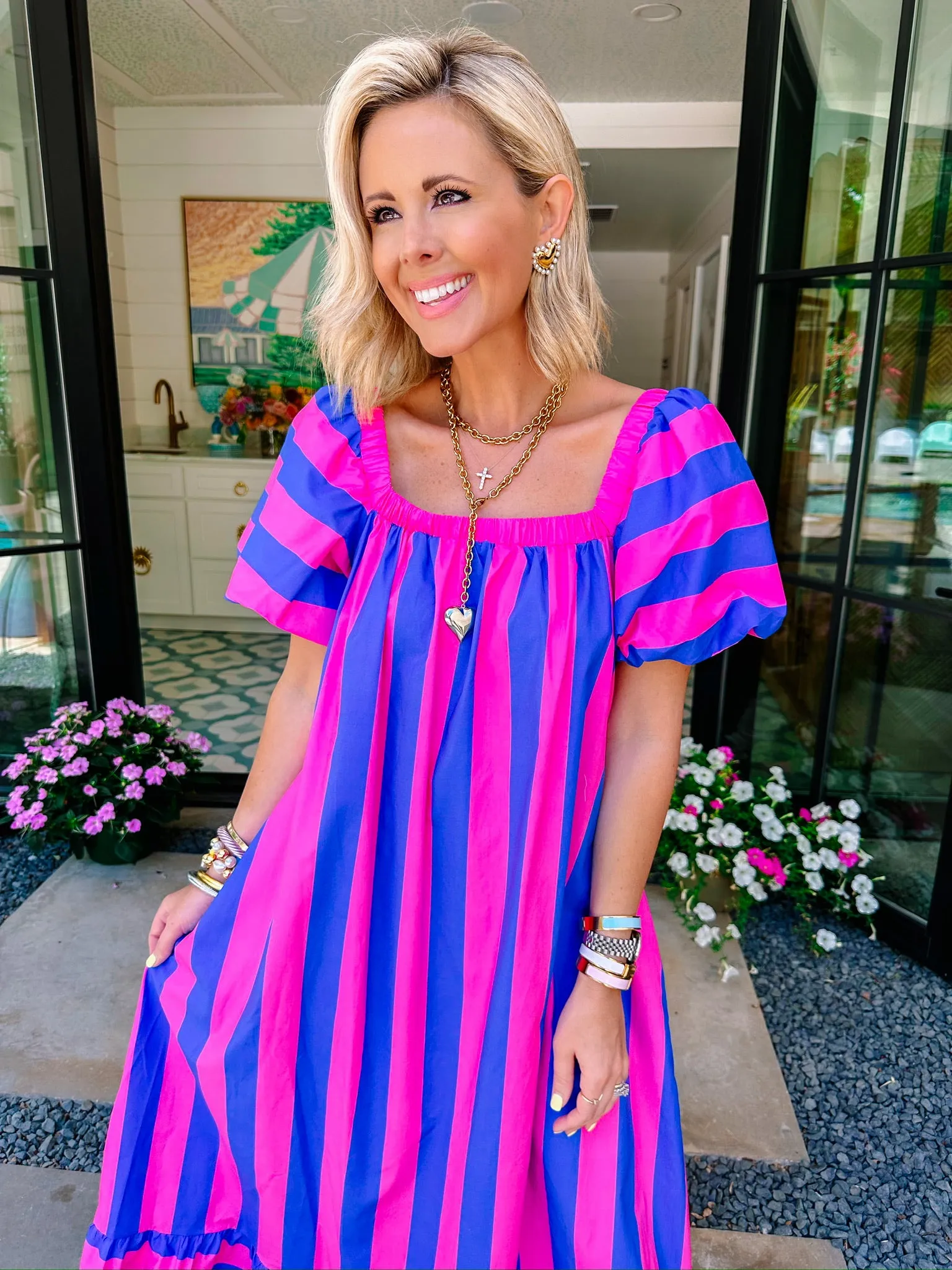 LINDSEY BOLD STRIPE MIDI DRESS - BLUE/PINK