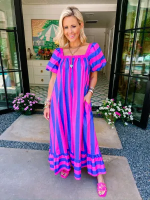 LINDSEY BOLD STRIPE MIDI DRESS - BLUE/PINK