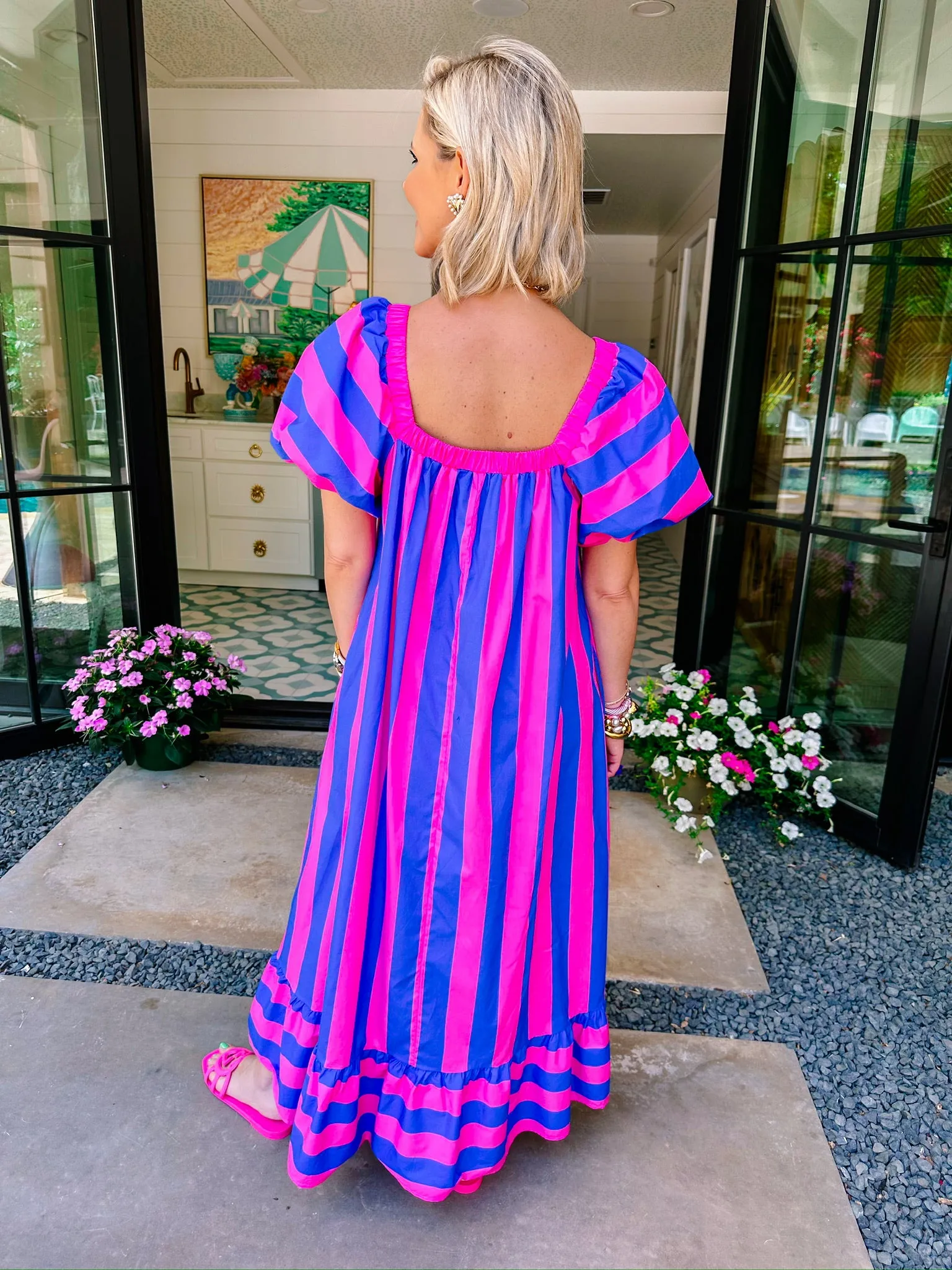 LINDSEY BOLD STRIPE MIDI DRESS - BLUE/PINK