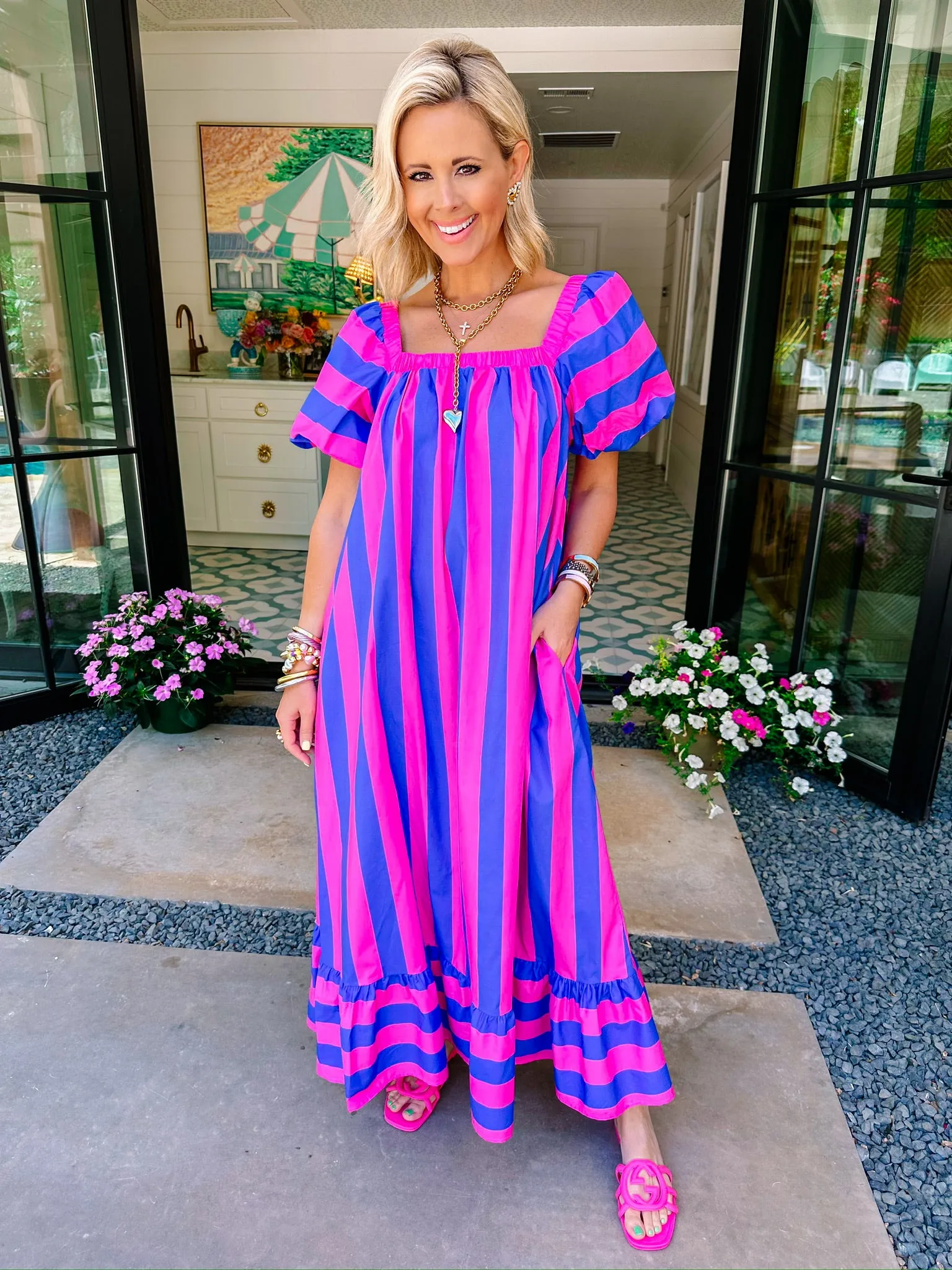 LINDSEY BOLD STRIPE MIDI DRESS - BLUE/PINK