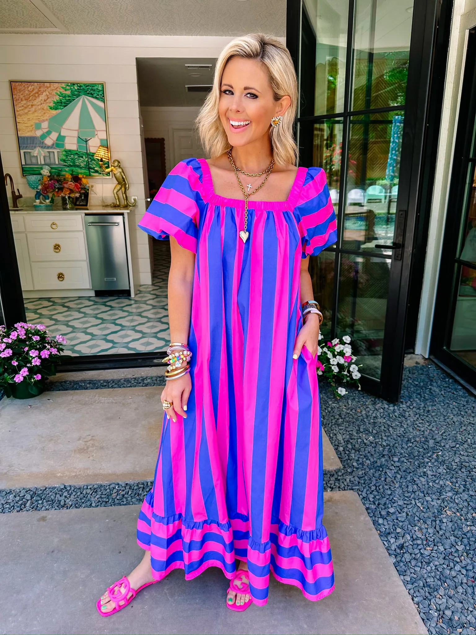 LINDSEY BOLD STRIPE MIDI DRESS - BLUE/PINK