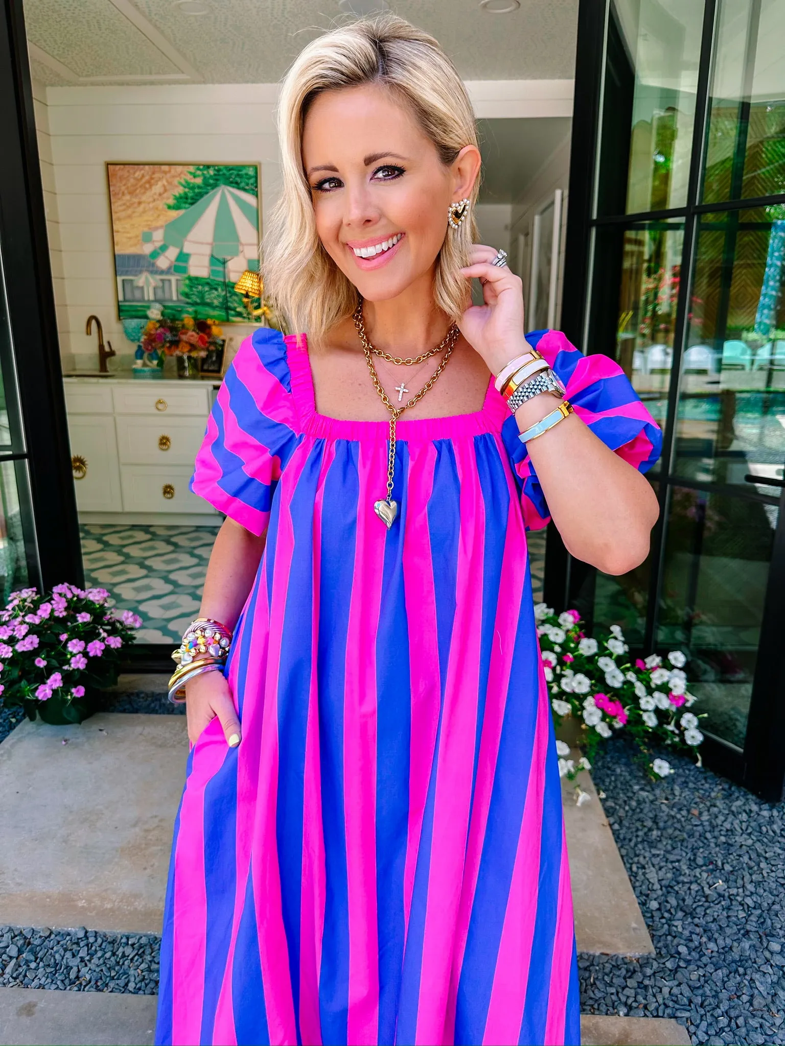 LINDSEY BOLD STRIPE MIDI DRESS - BLUE/PINK