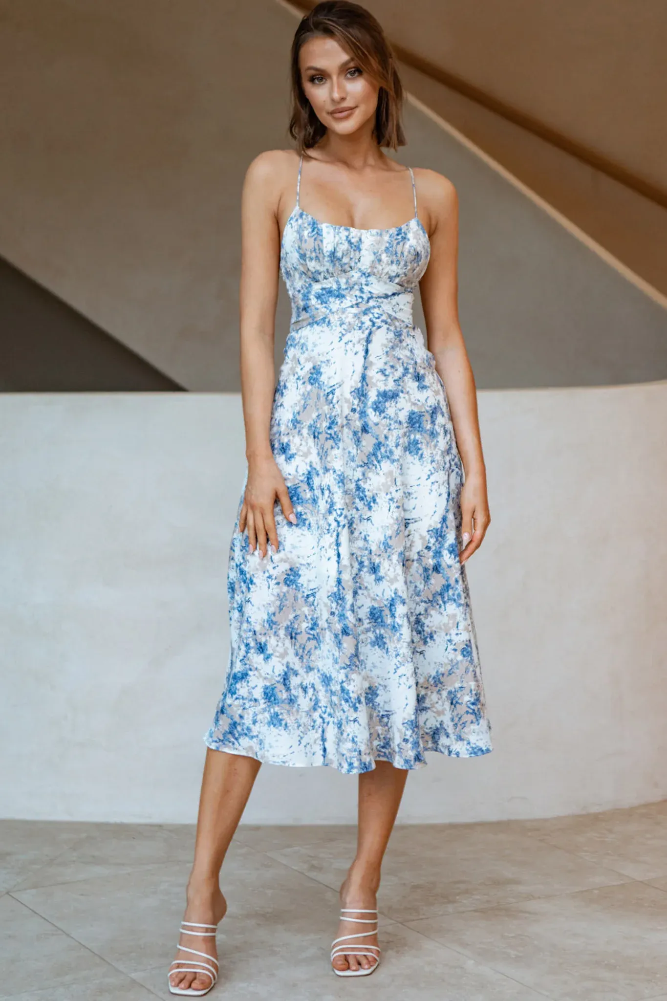 Linka Cami Strap Midi Dress Marble Print Blue