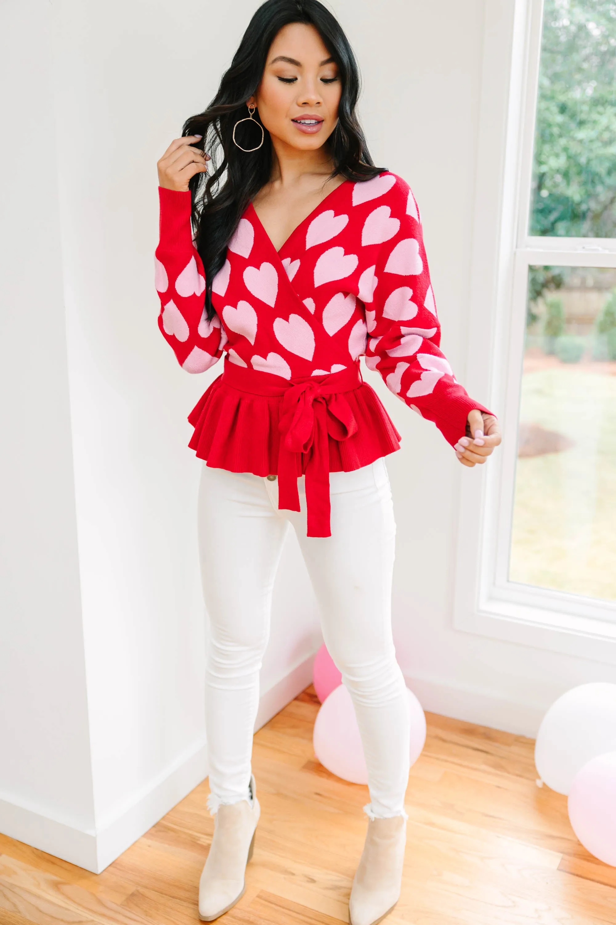 Looking To You Red Heart Print Sweater