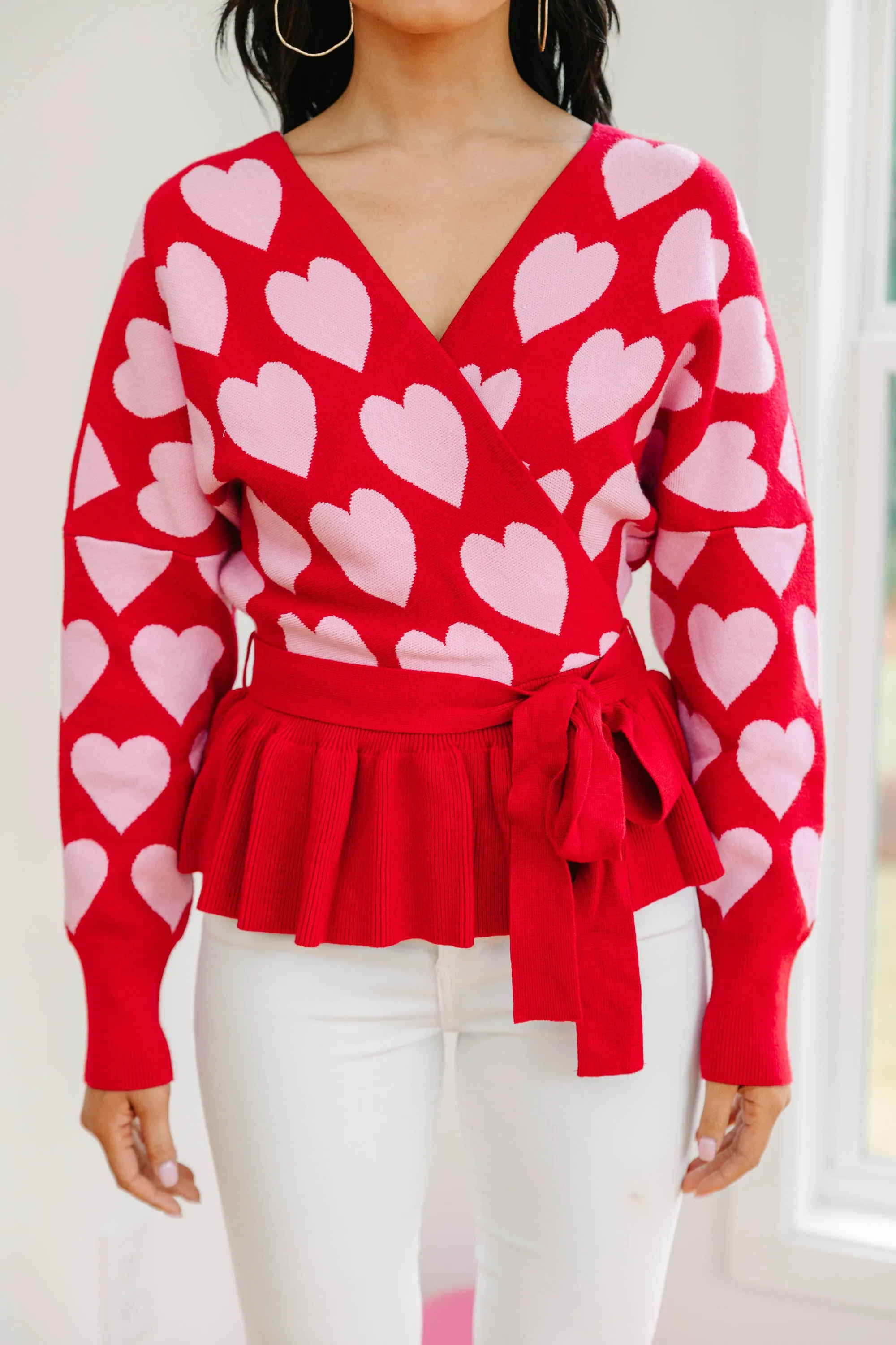 Looking To You Red Heart Print Sweater