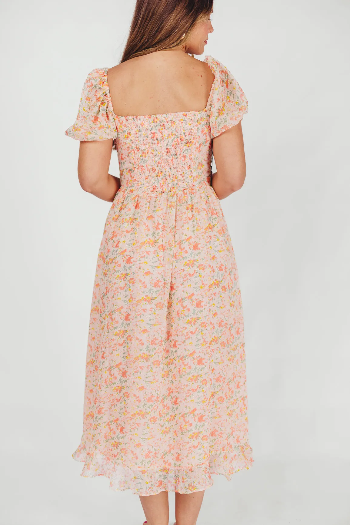 Lunaria Pleated Bustier Midi Dress in Orange Floral