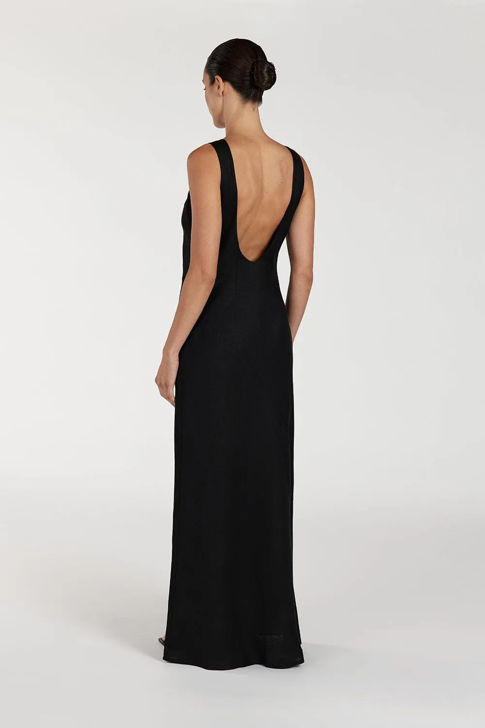 LYRA BLACK LINEN MIDI DRESS