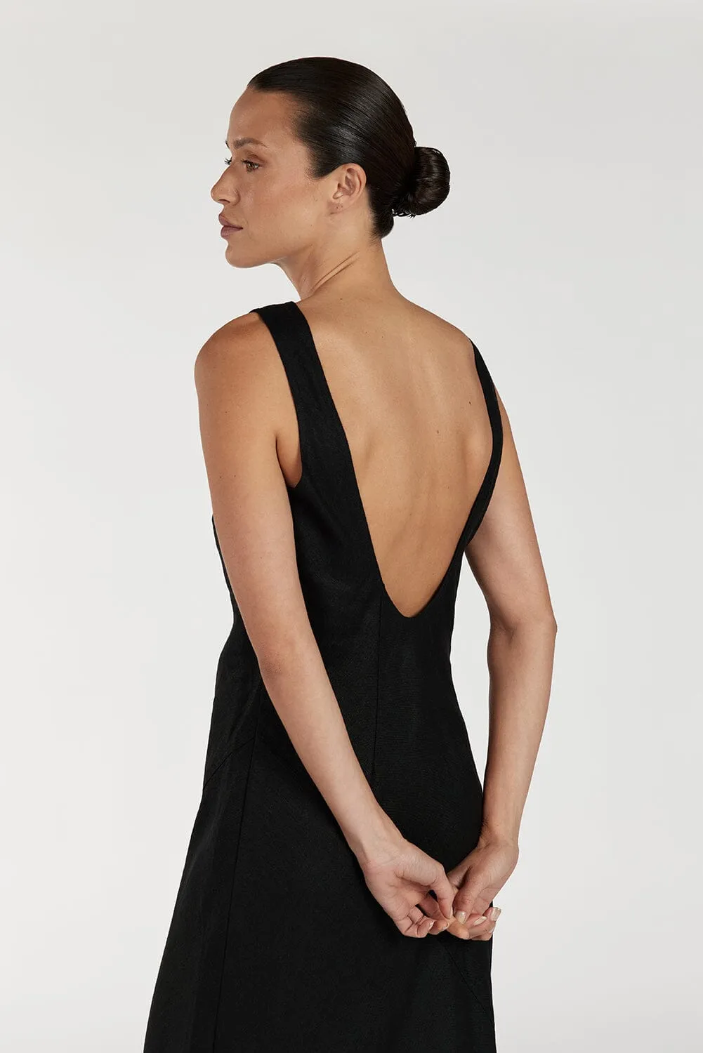 LYRA BLACK LINEN MIDI DRESS