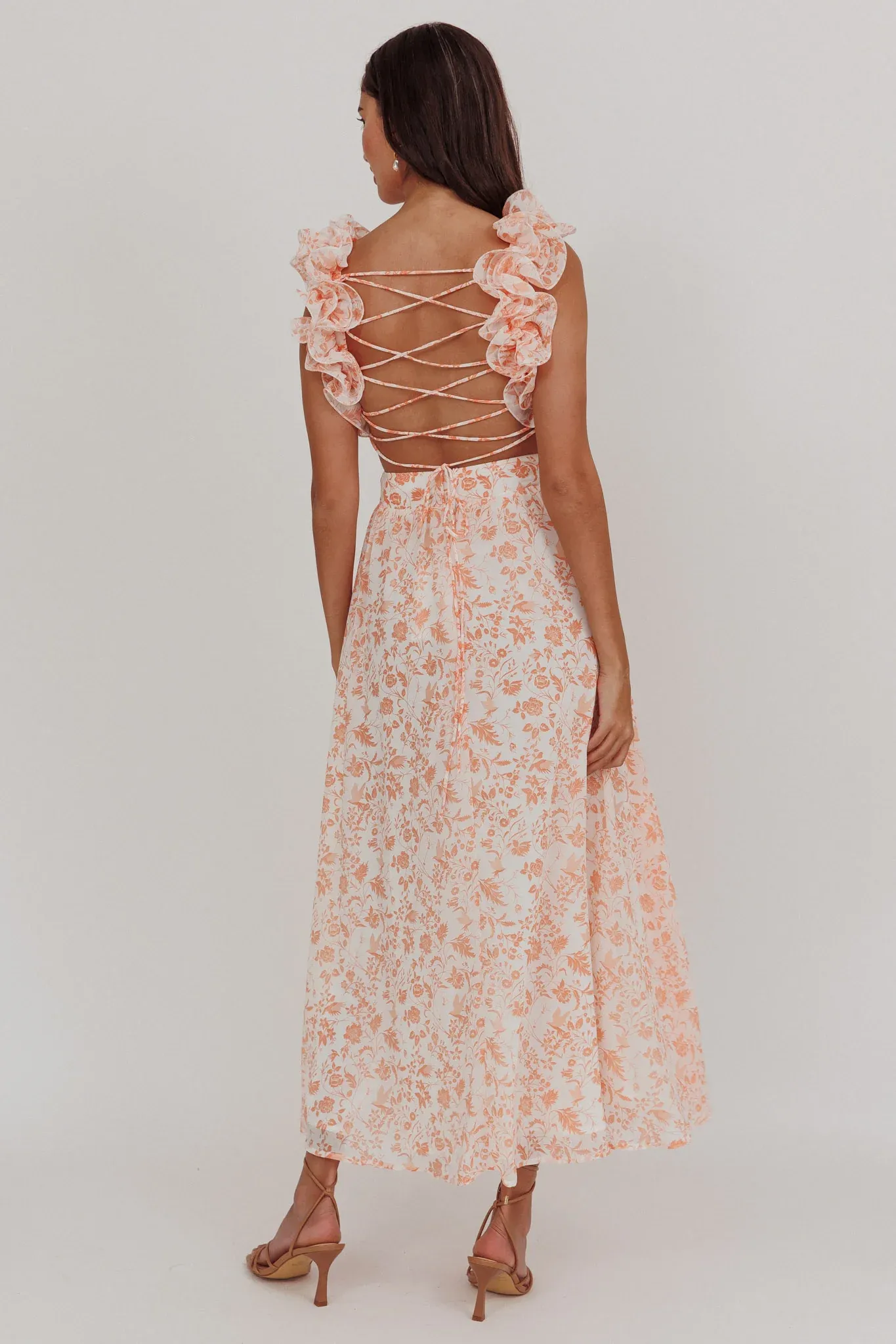 Madara Lace-Up Back Maxi Dress Flowers Orange