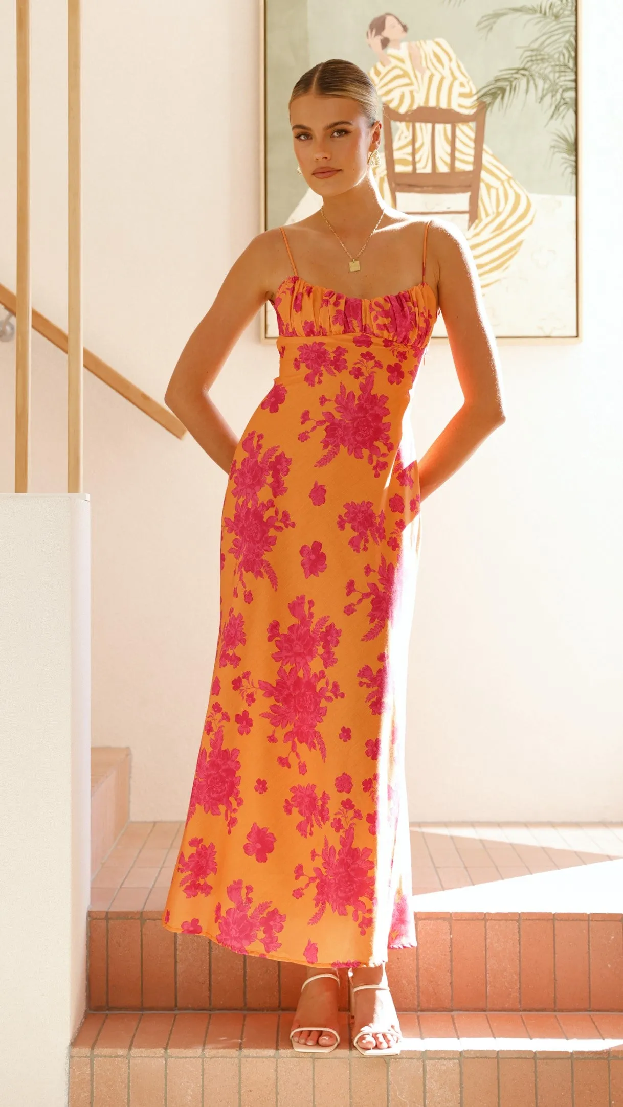 Margie Midi Dress - Orange / Pink Floral