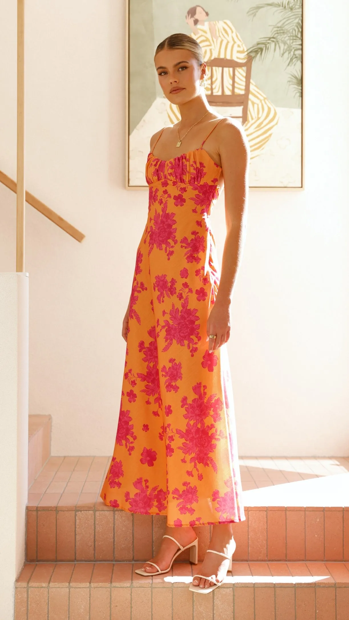 Margie Midi Dress - Orange / Pink Floral