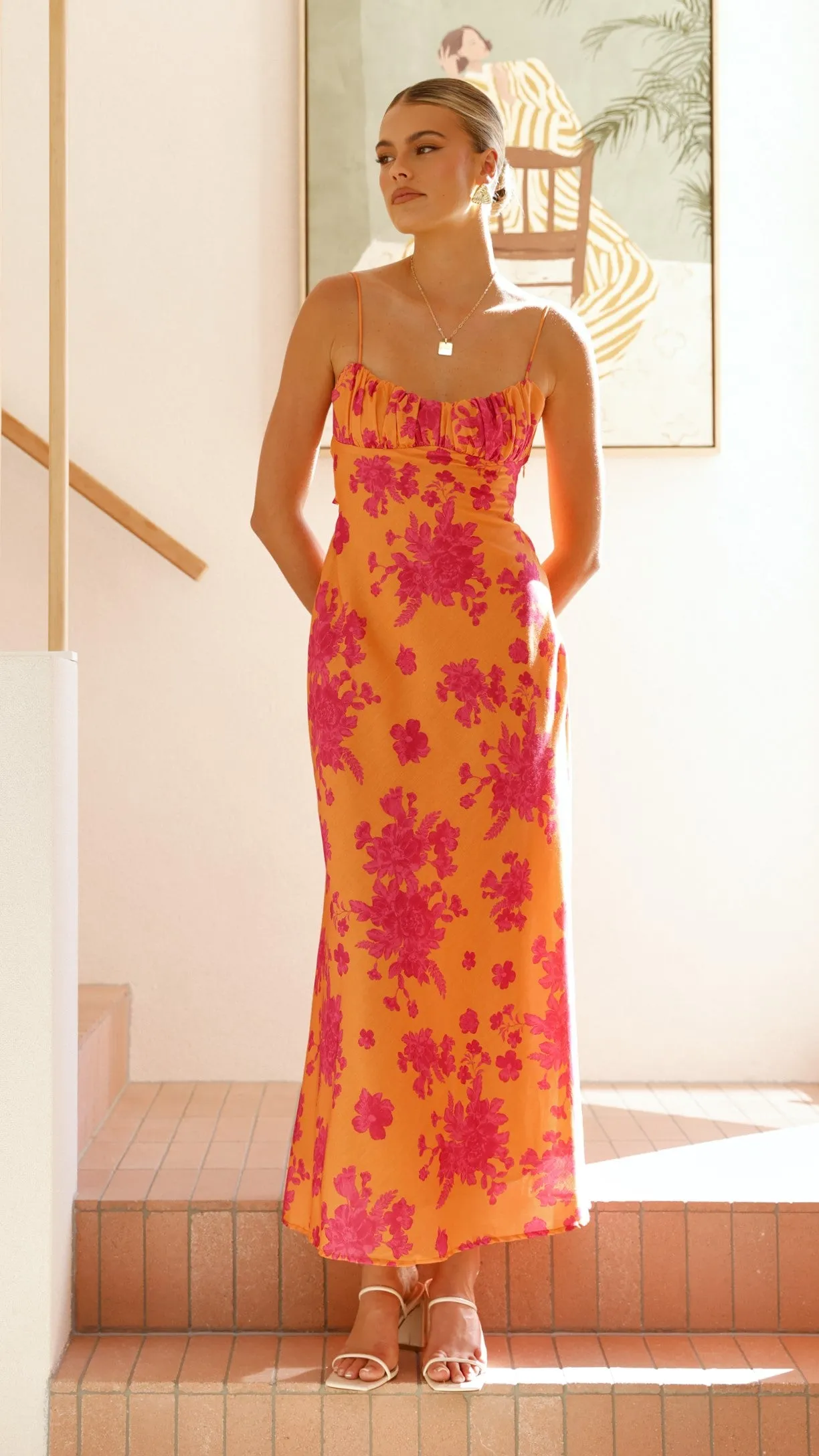 Margie Midi Dress - Orange / Pink Floral