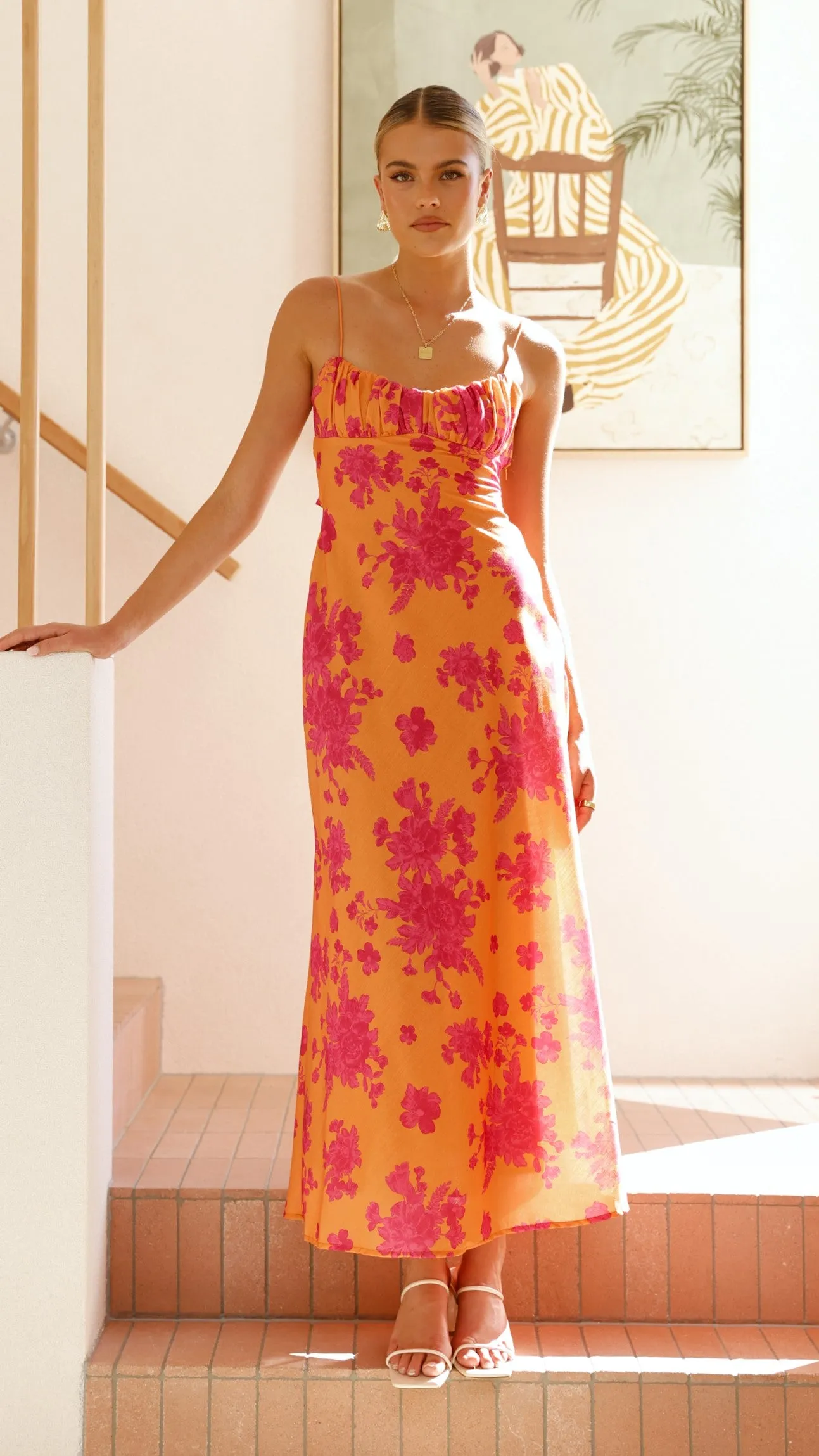 Margie Midi Dress - Orange / Pink Floral