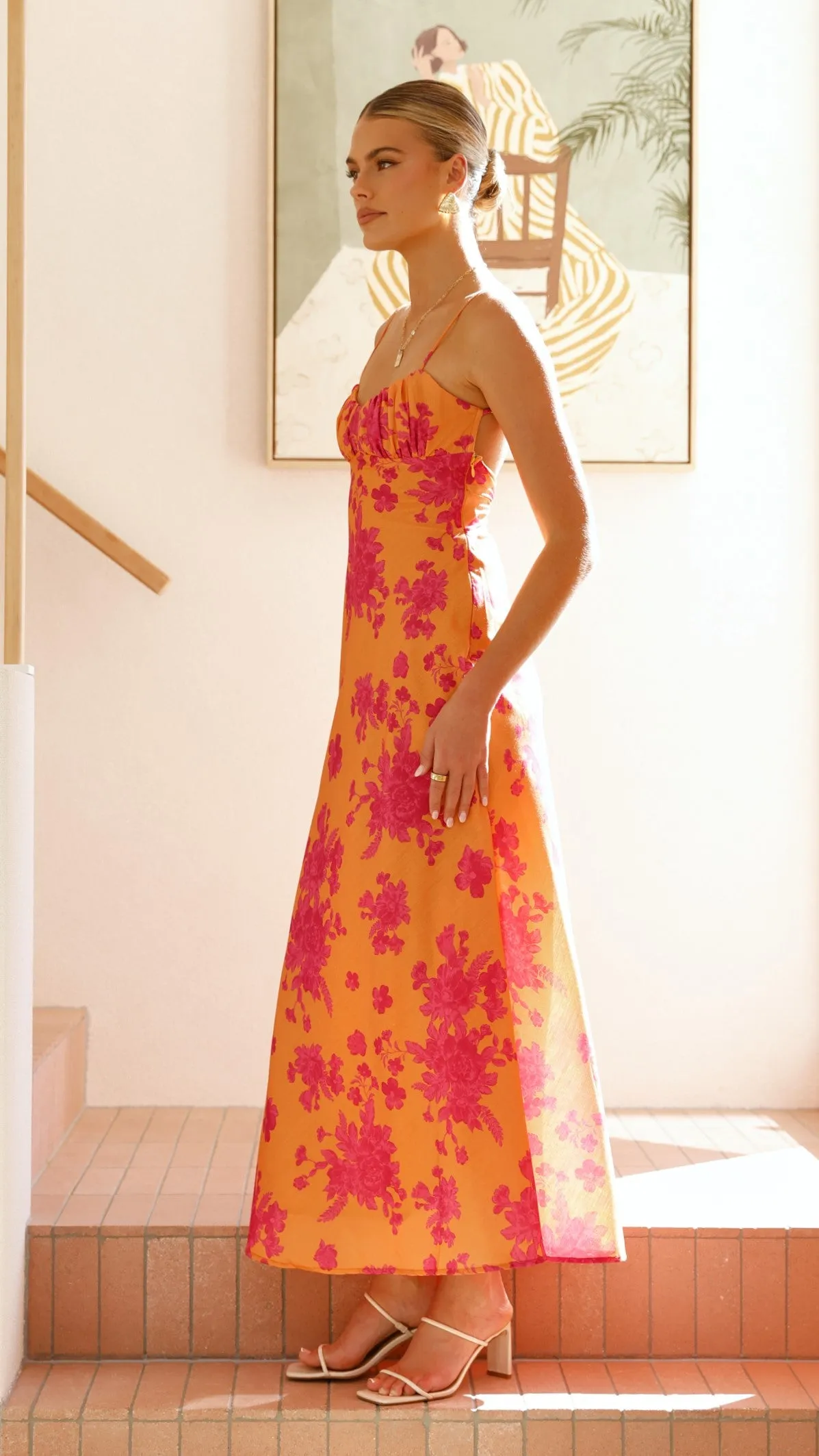 Margie Midi Dress - Orange / Pink Floral