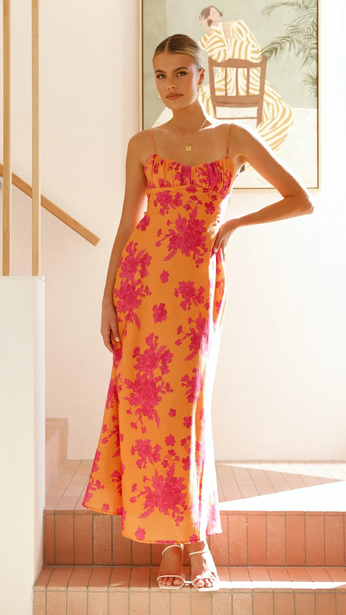 Margie Midi Dress - Orange / Pink Floral