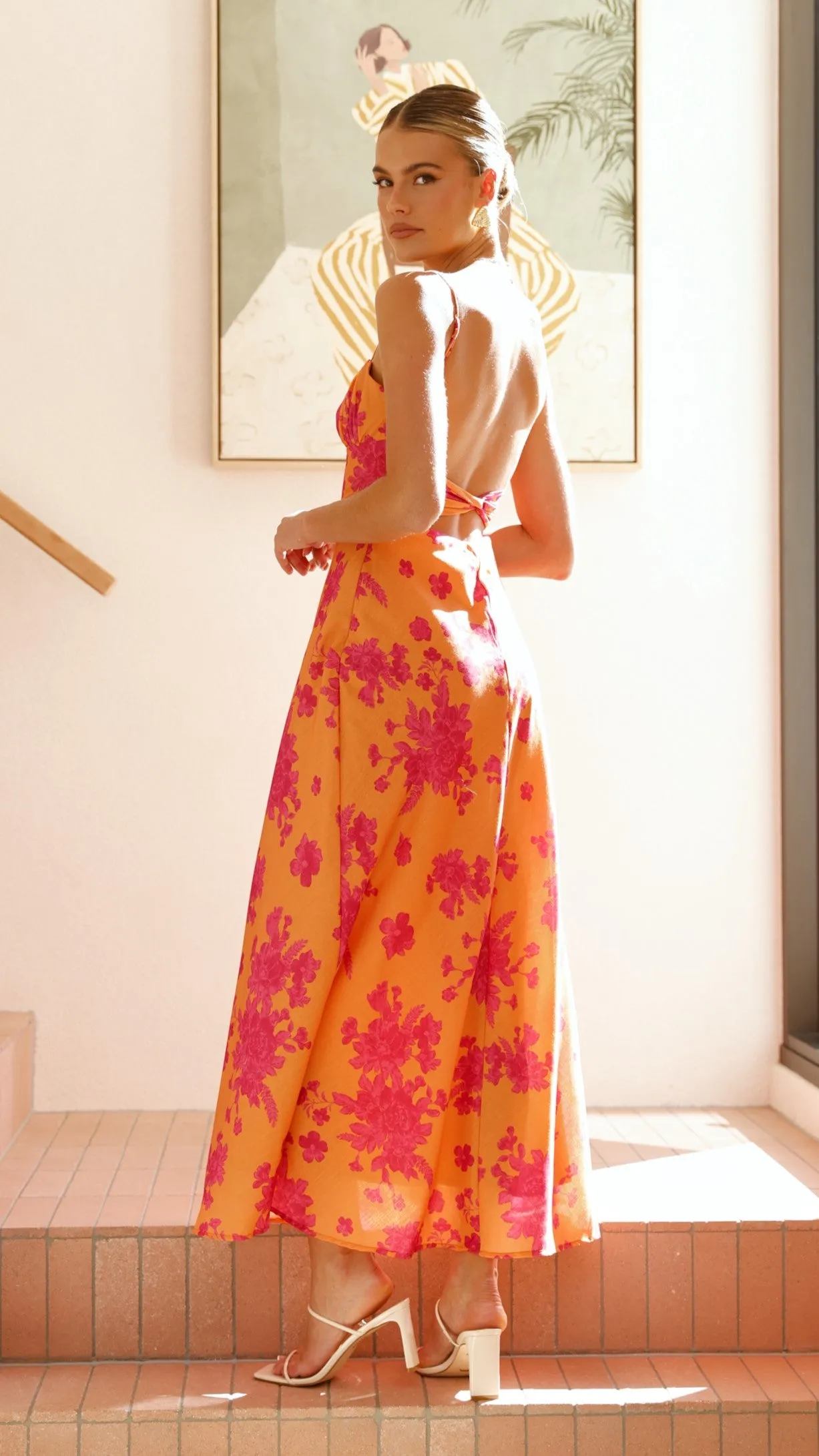 Margie Midi Dress - Orange / Pink Floral