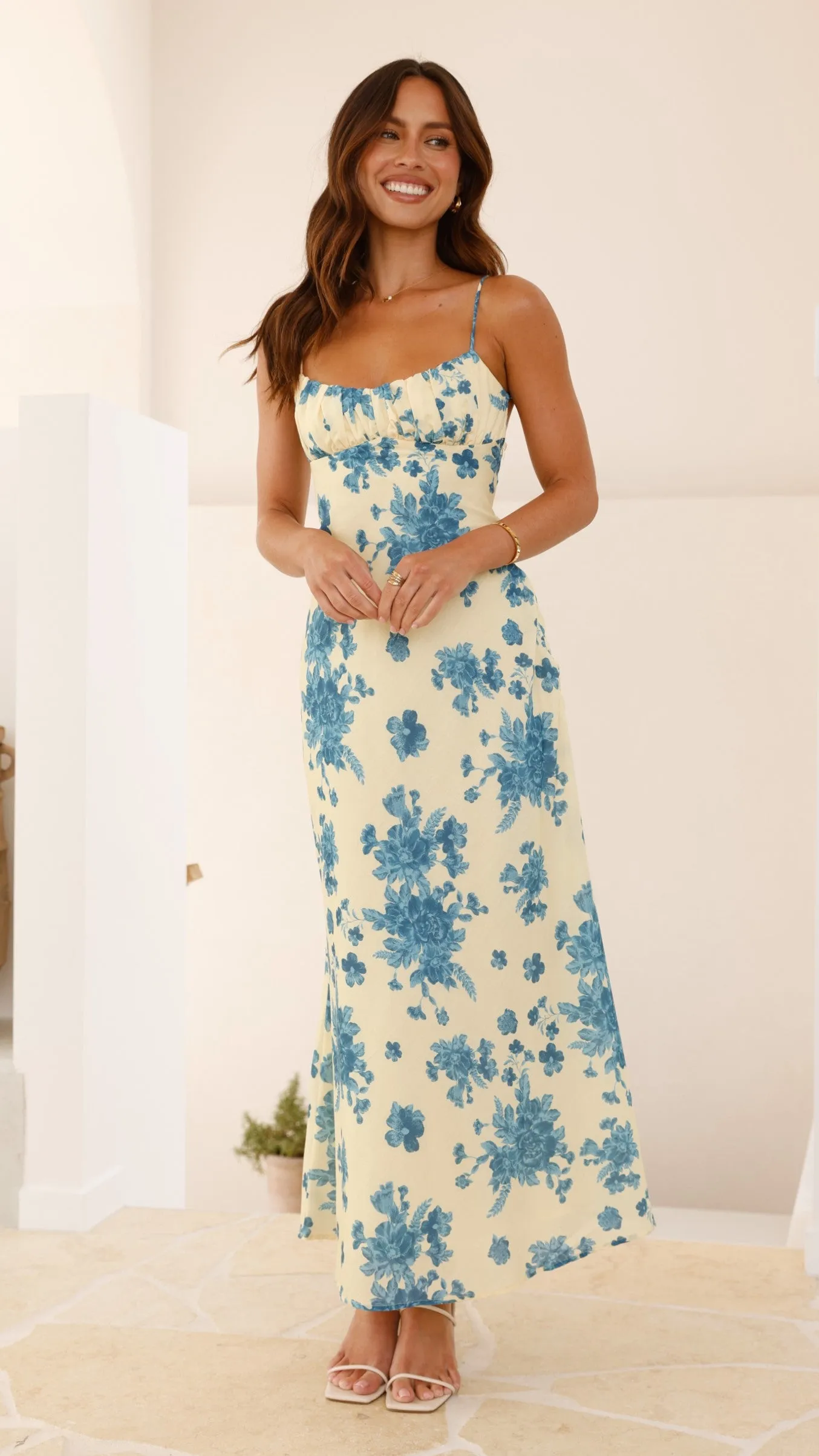 Margie Midi Dress - Yellow / Blue Floral