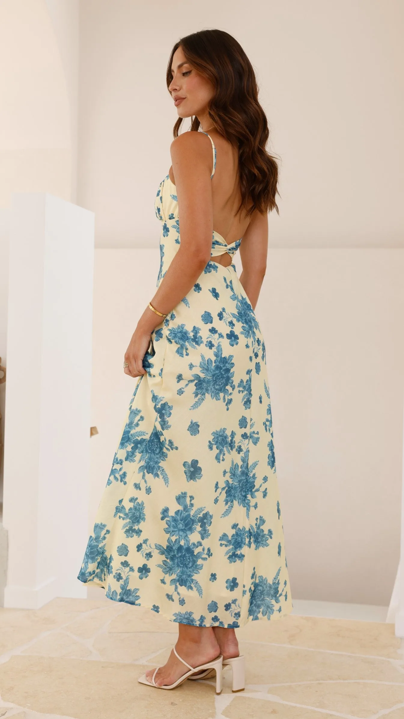 Margie Midi Dress - Yellow / Blue Floral