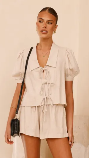 Maribel Tie Front Shirt - Beige