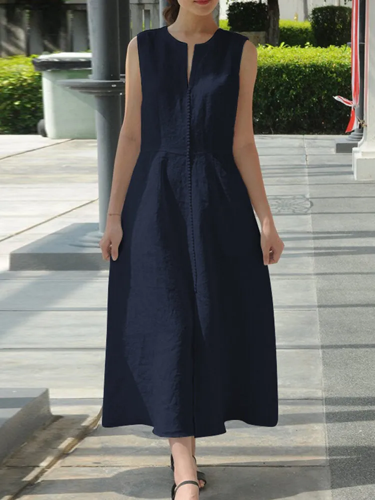 Maxi Pocket Dress Women Solid Color Sleeveless V-Neck Back Zipper