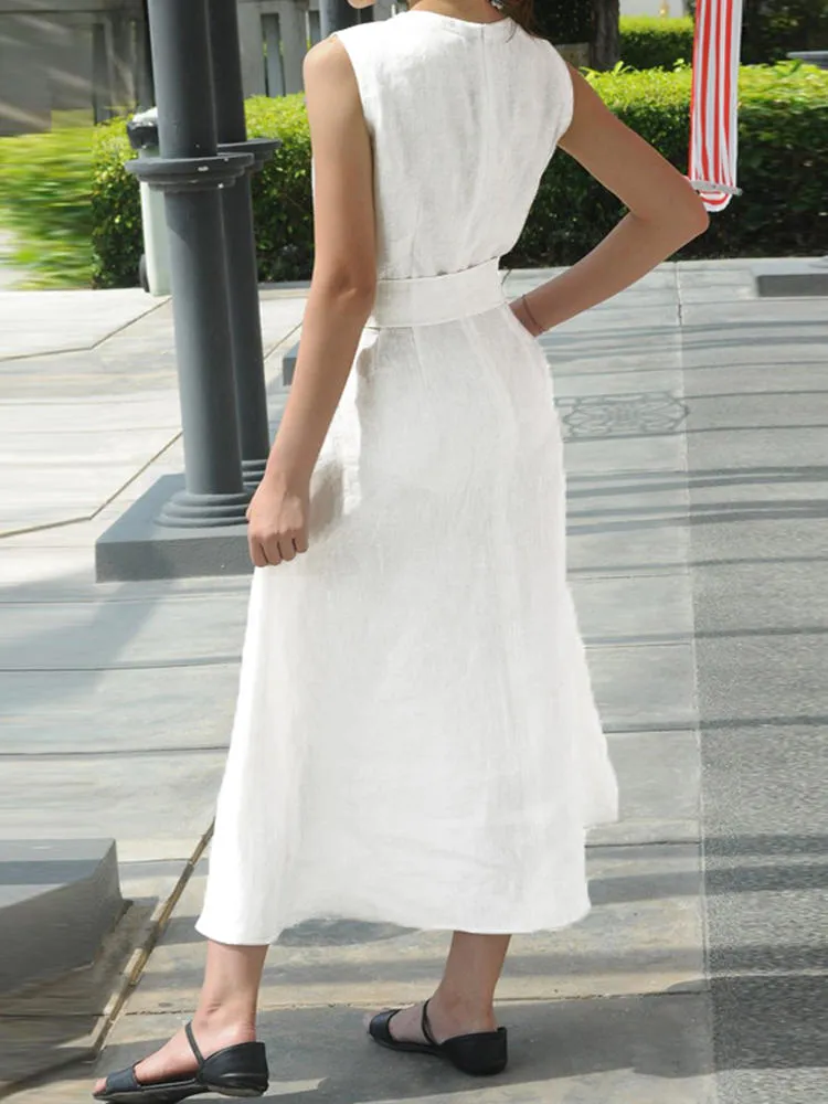 Maxi Pocket Dress Women Solid Color Sleeveless V-Neck Back Zipper