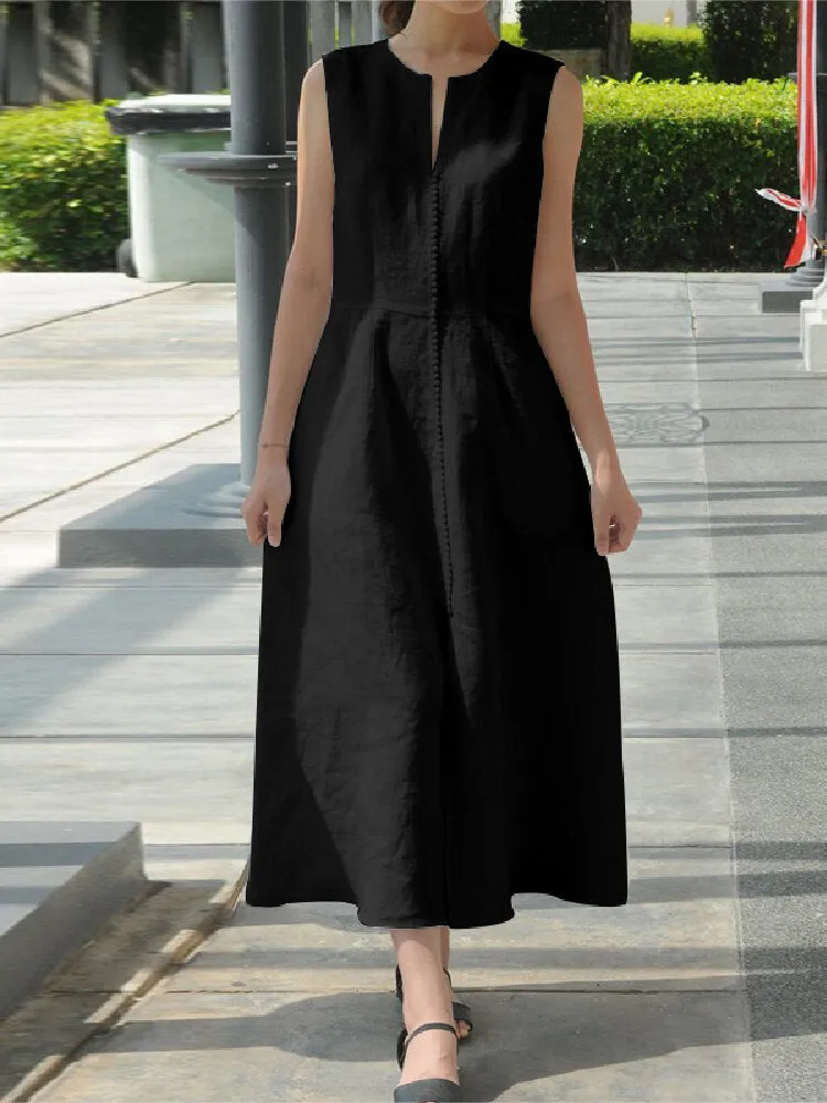 Maxi Pocket Dress Women Solid Color Sleeveless V-Neck Back Zipper