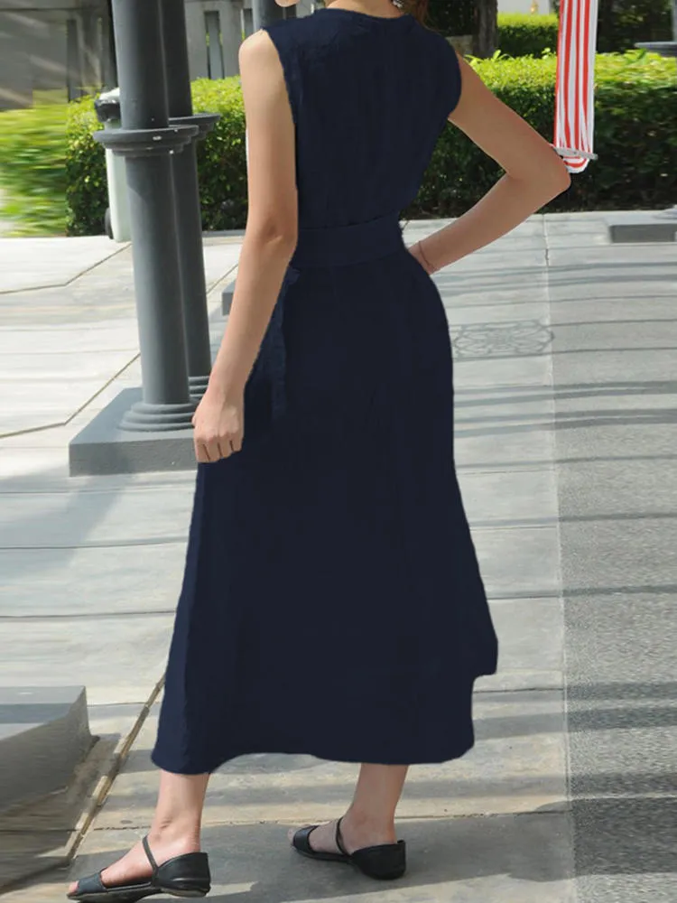 Maxi Pocket Dress Women Solid Color Sleeveless V-Neck Back Zipper