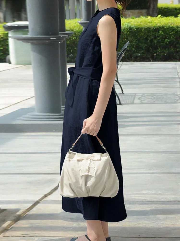 Maxi Pocket Dress Women Solid Color Sleeveless V-Neck Back Zipper