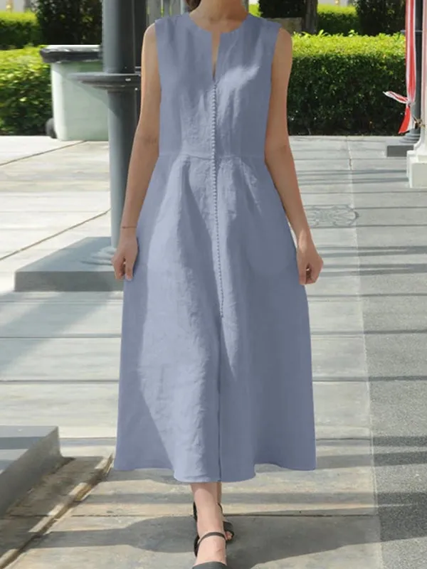 Maxi Pocket Dress Women Solid Color Sleeveless V-Neck Back Zipper