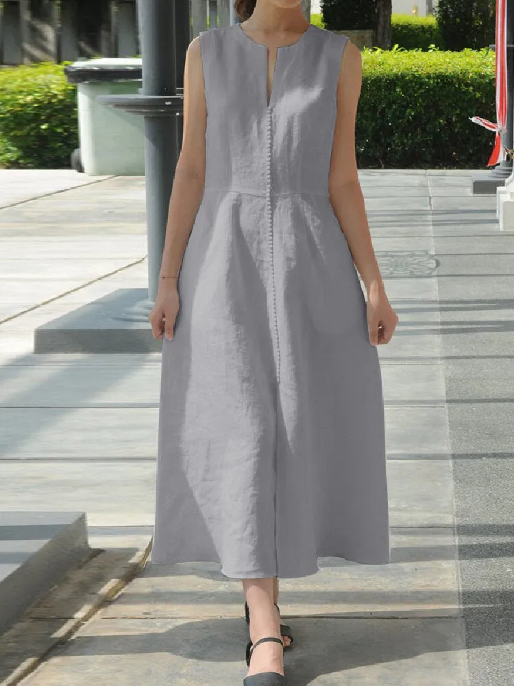 Maxi Pocket Dress Women Solid Color Sleeveless V-Neck Back Zipper