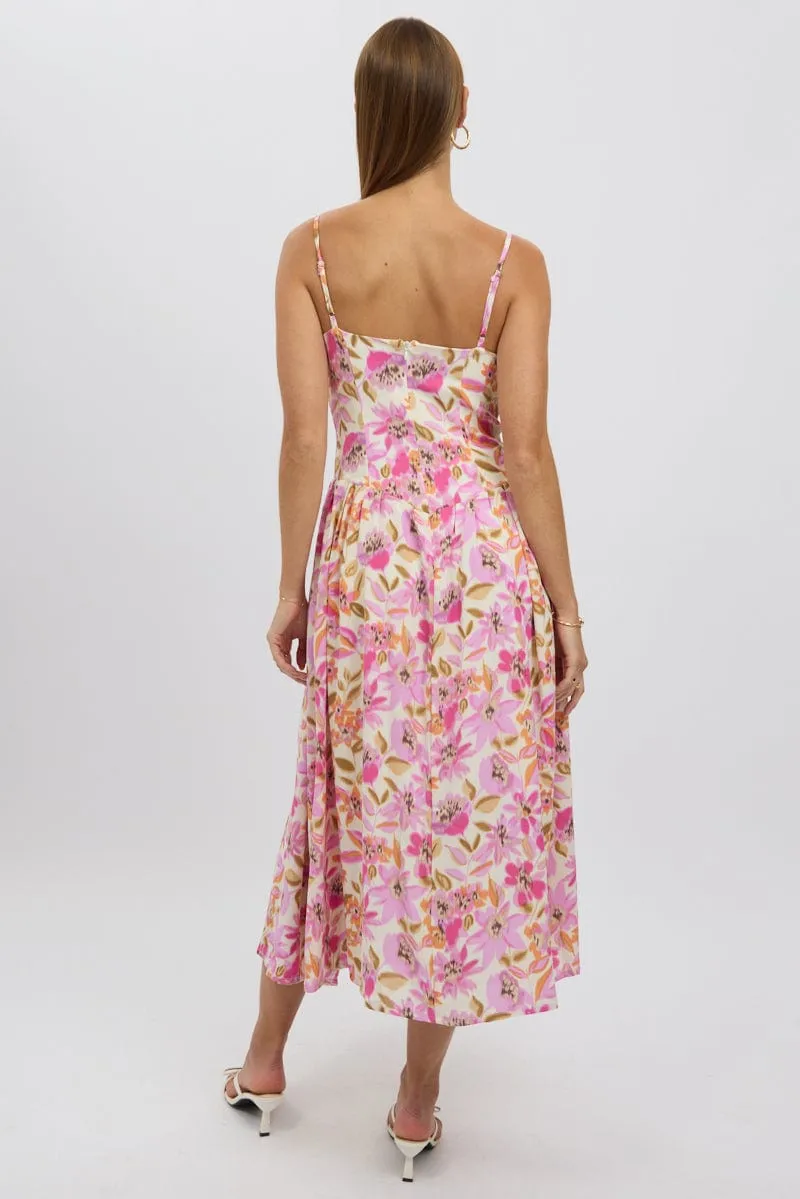 Multi Floral Midi Dress Corset Detail