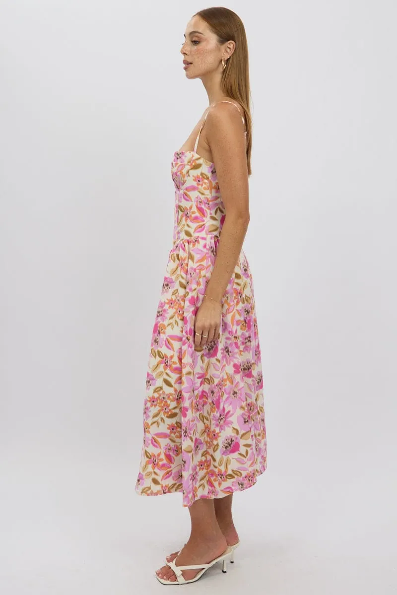 Multi Floral Midi Dress Corset Detail